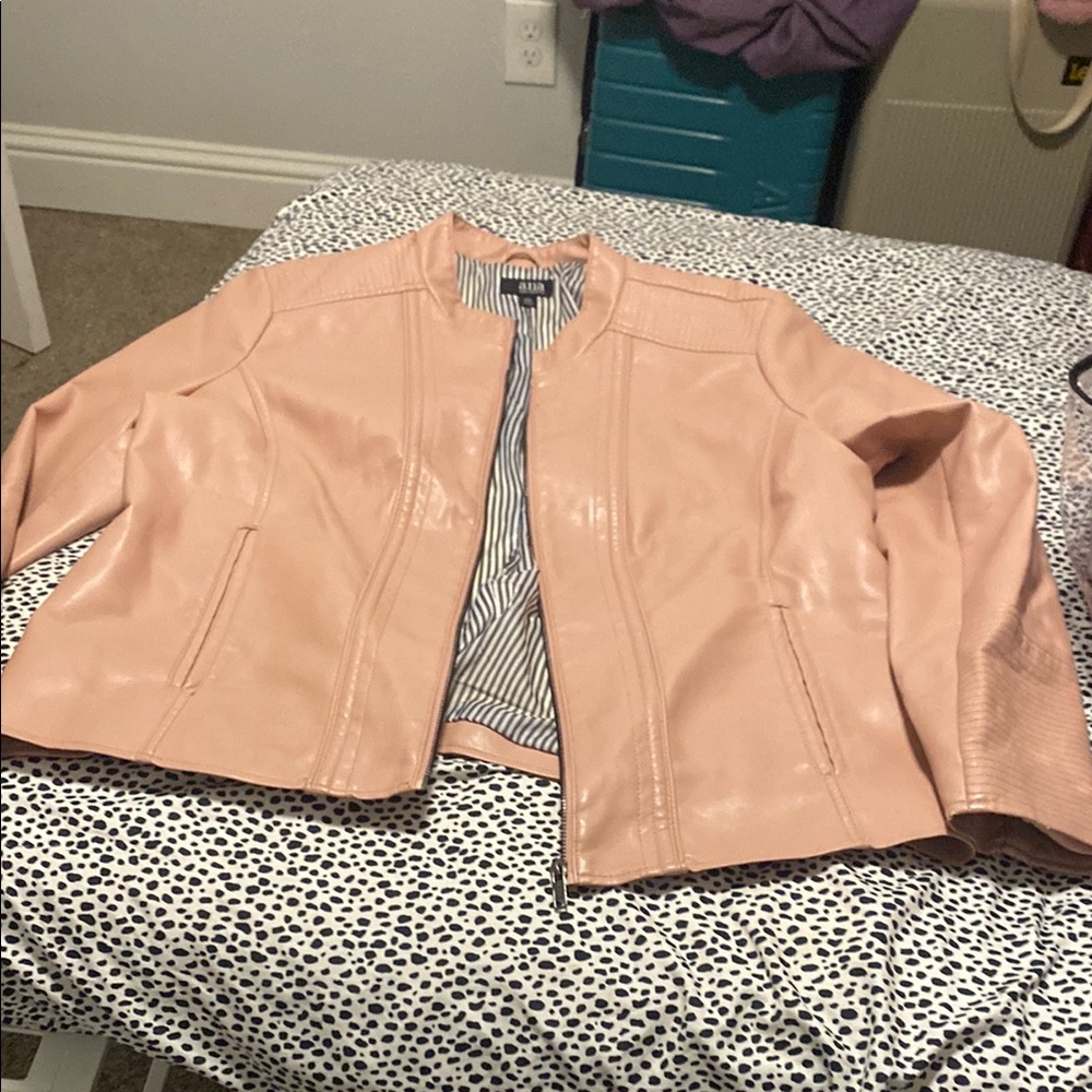 Pink Leather Jacket with Tailored Collarless Design